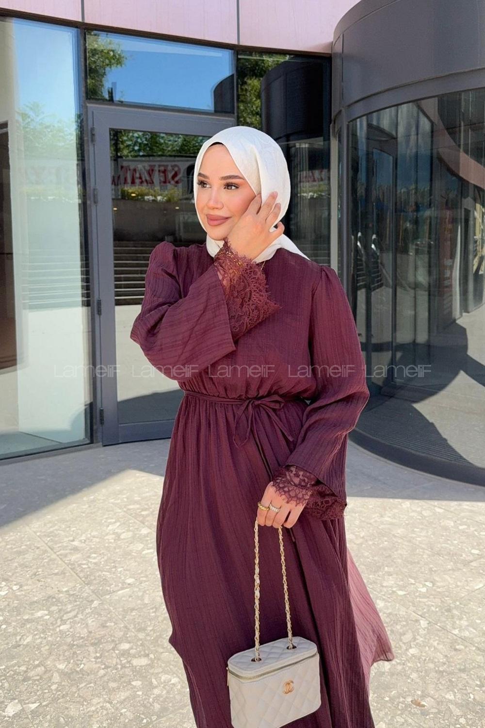 Lamelif Dantel Detaylı Matteo Elbise Mürdüm