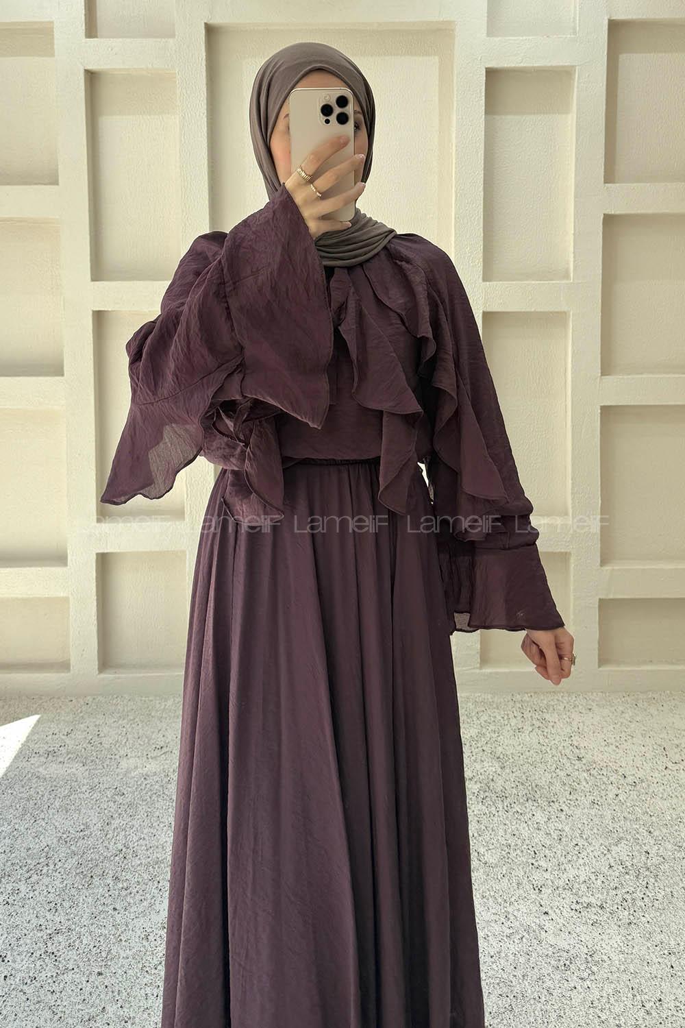 Lamelif Fırfır Detaylı Tül Modal Etekli Takım Mürdüm