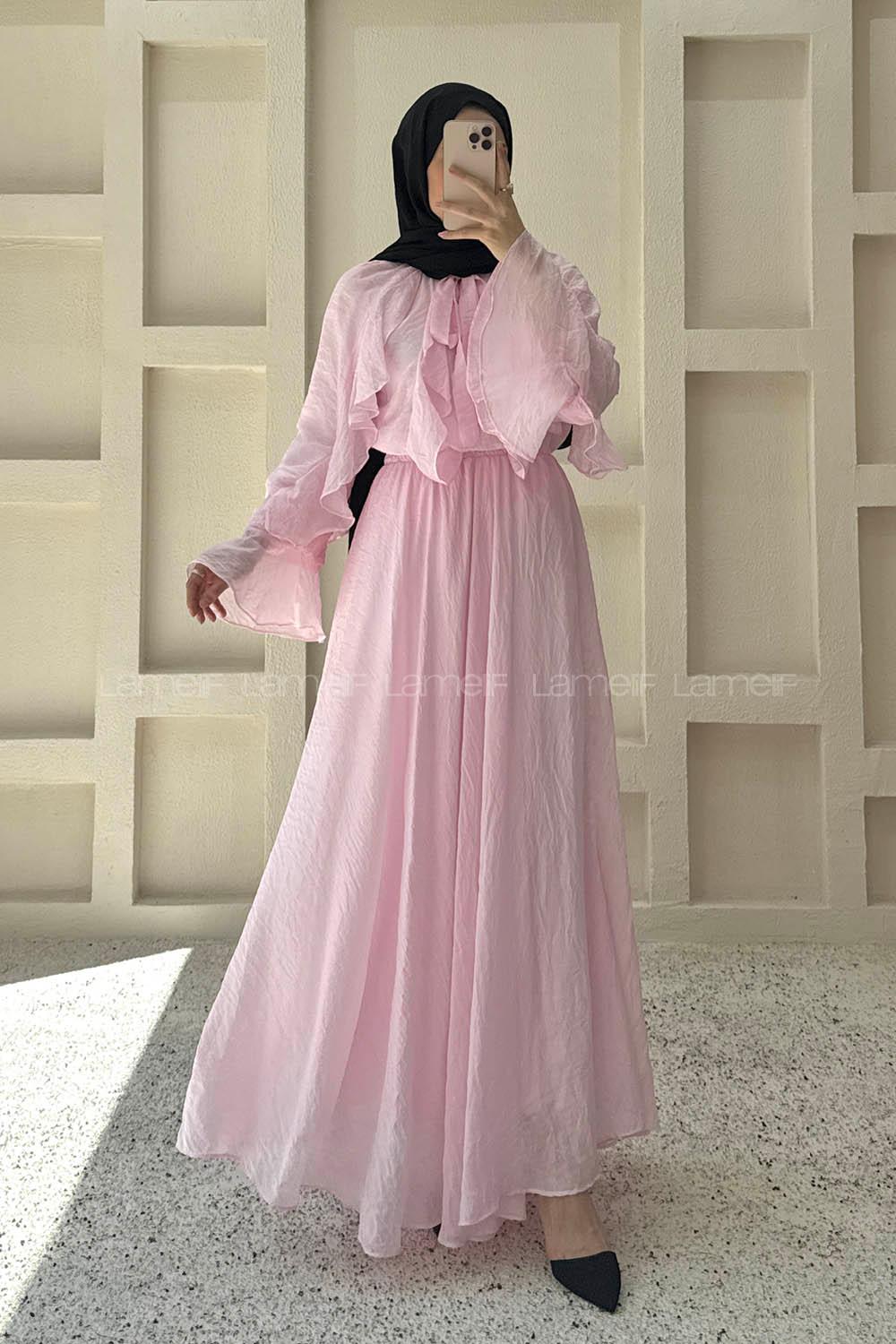 Lamelif Fırfır Detaylı Tül Modal Etekli Takım Pembe