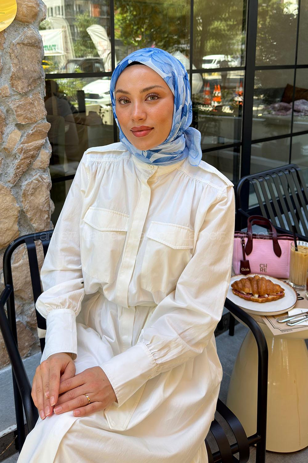 Lamelif Lotus Desen Soft Eşarp Bebe Mavi