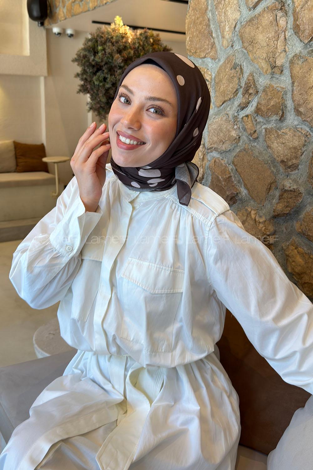 Lamelif Puantiye Desen Soft Eşarp Acı Kahve