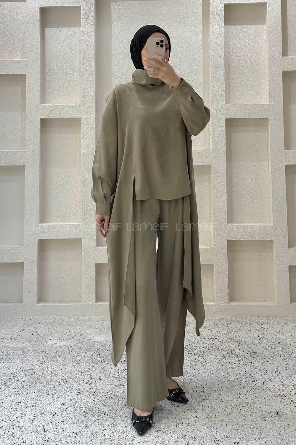Khaki Choker Neck Long Arm Viscose Fabric Regular Trousers Comfortable Suit