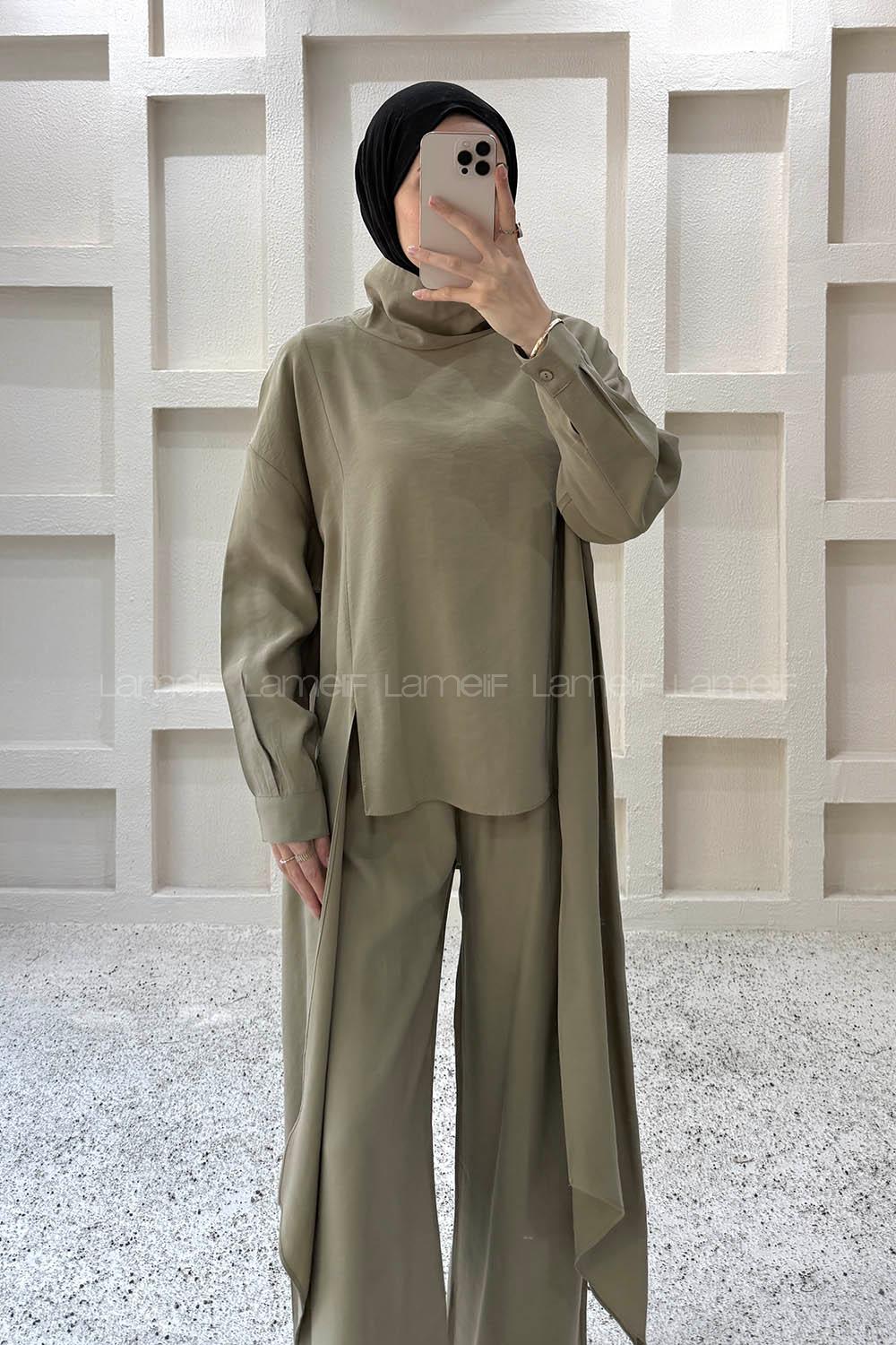 Khaki Choker Neck Long Arm Viscose Fabric Regular Trousers Comfortable Suit