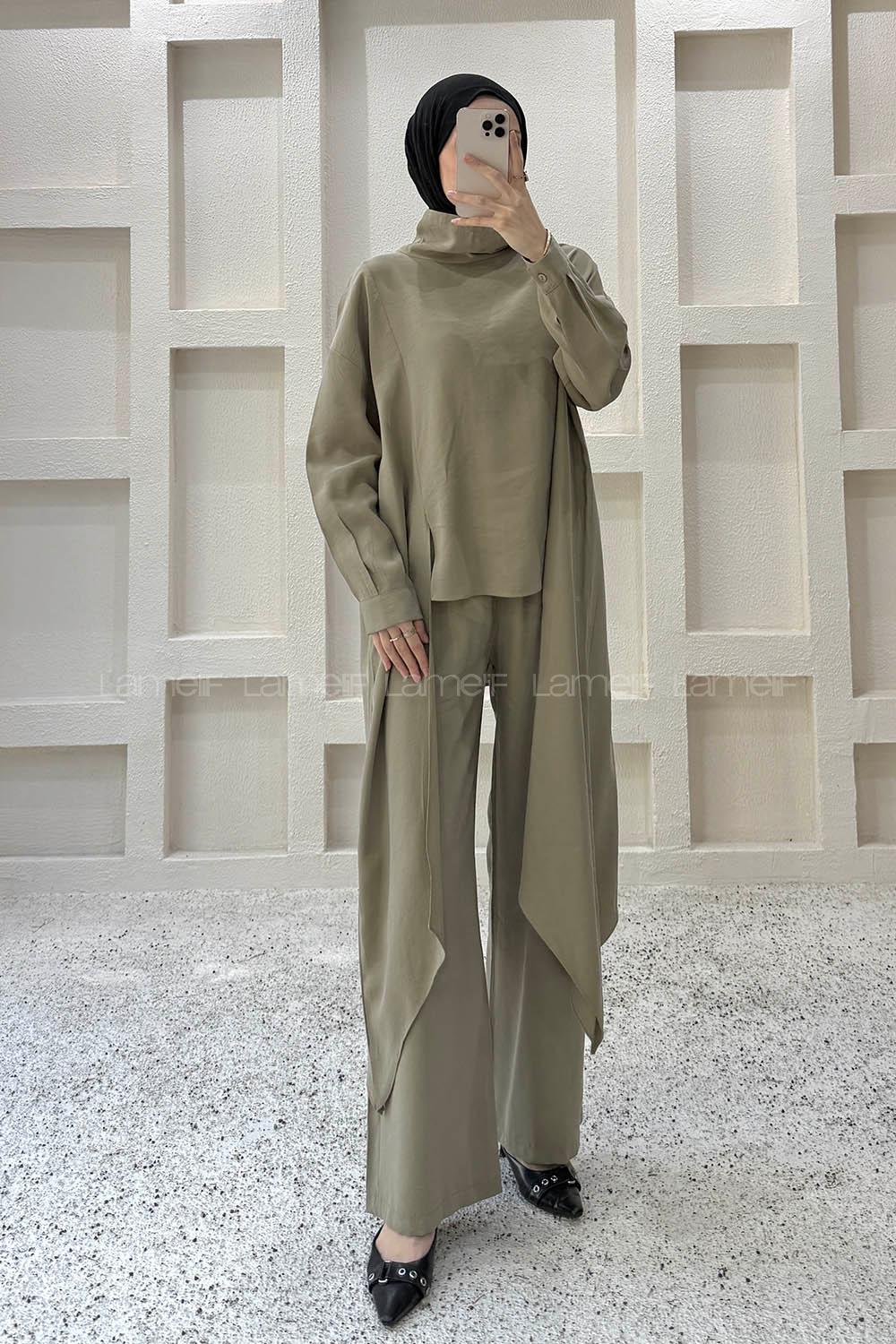 Khaki Choker Neck Long Arm Viscose Fabric Regular Trousers Comfortable Suit