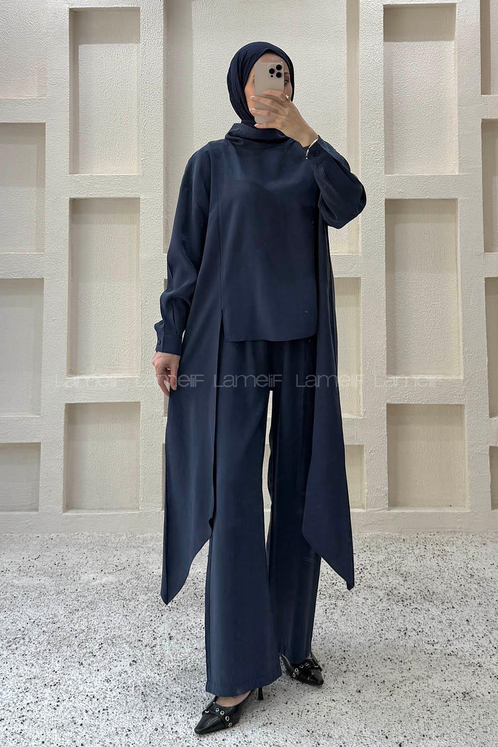 Navy Blue Choker Neck Long Arm Viscose Fabric Regular Trousers Comfortable Suit