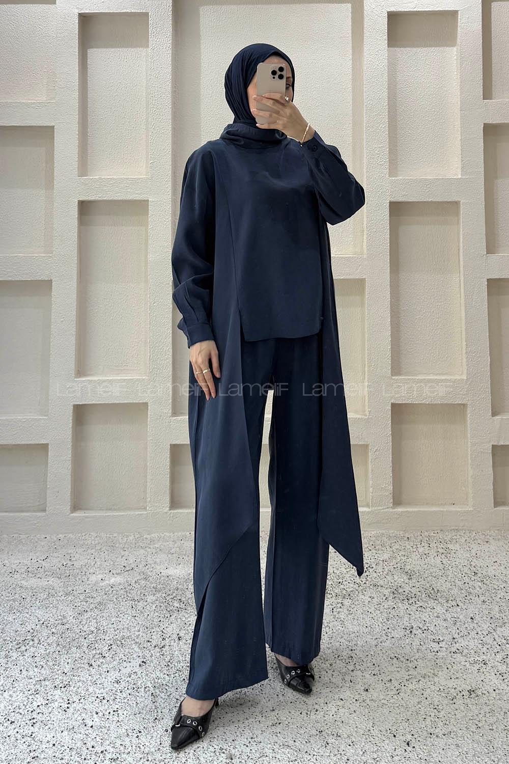 Navy Blue Choker Neck Long Arm Viscose Fabric Regular Trousers Comfortable Suit