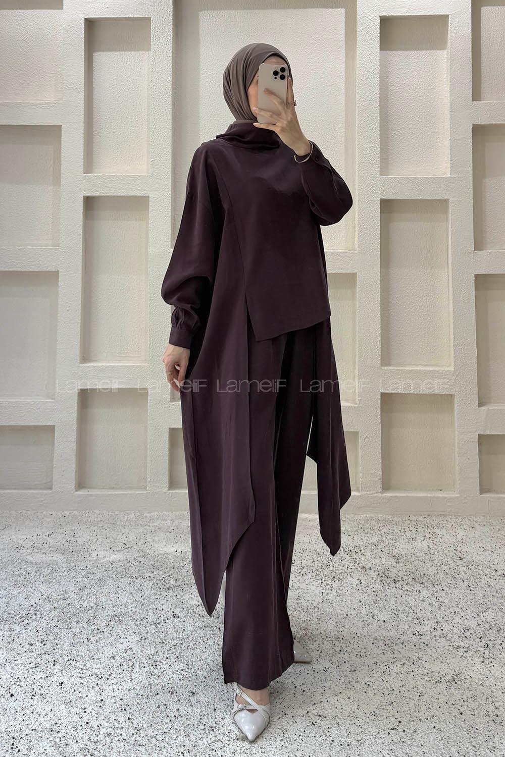 Plum Choker Neck Long Arm Viscose Fabric Regular Trousers Comfortable Suit