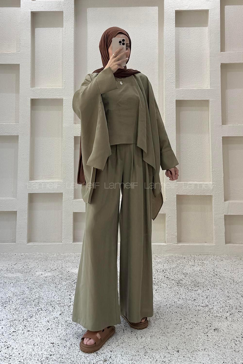 Khaki Neckband Long Arm Viscose Fabric Regular Trousers Comfortable Suit