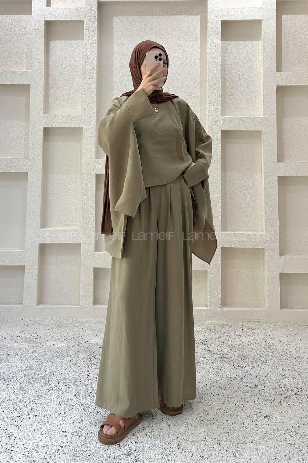 Khaki Neckband Long Arm Viscose Fabric Regular Trousers Comfortable Suit
