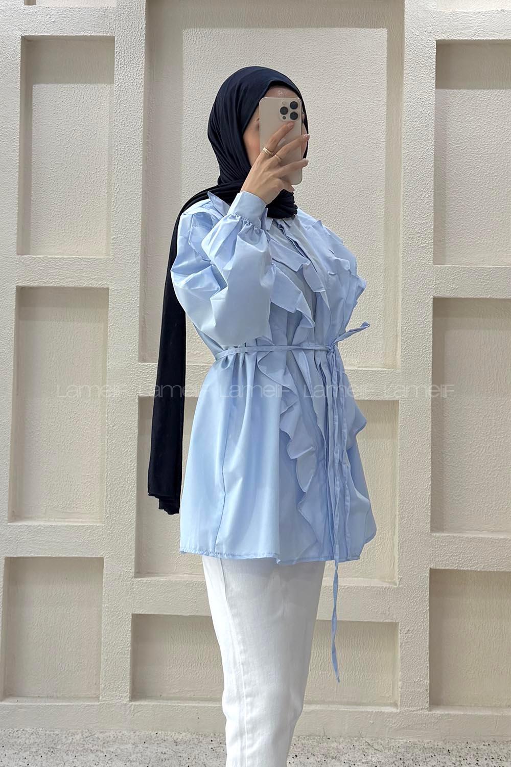 Lamelif Bağlama Detaylı Volanlı Gömlek Bebe Mavisi