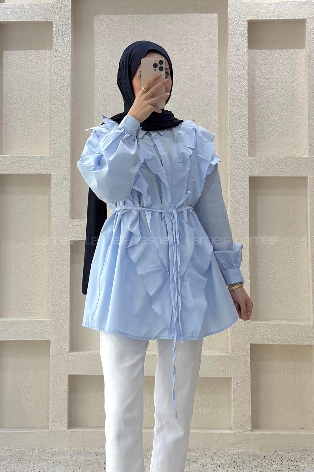 Lamelif Bağlama Detaylı Volanlı Gömlek Bebe Mavisi