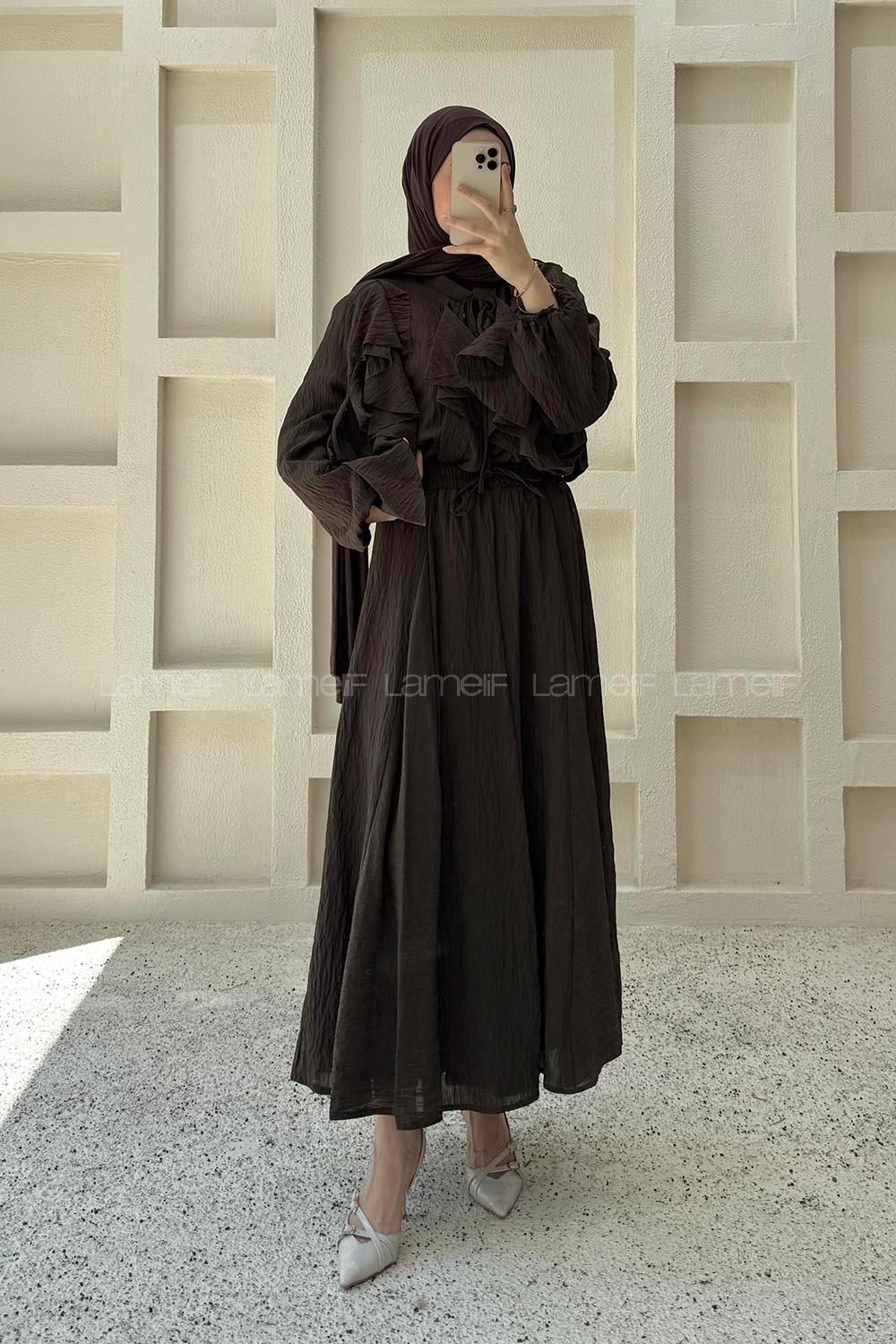 Bitter Brown Crew Neck Long Arm Ayrobin Skirt Suit