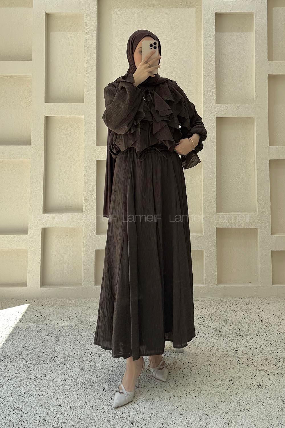 Bitter Brown Crew Neck Long Arm Ayrobin Skirt Suit