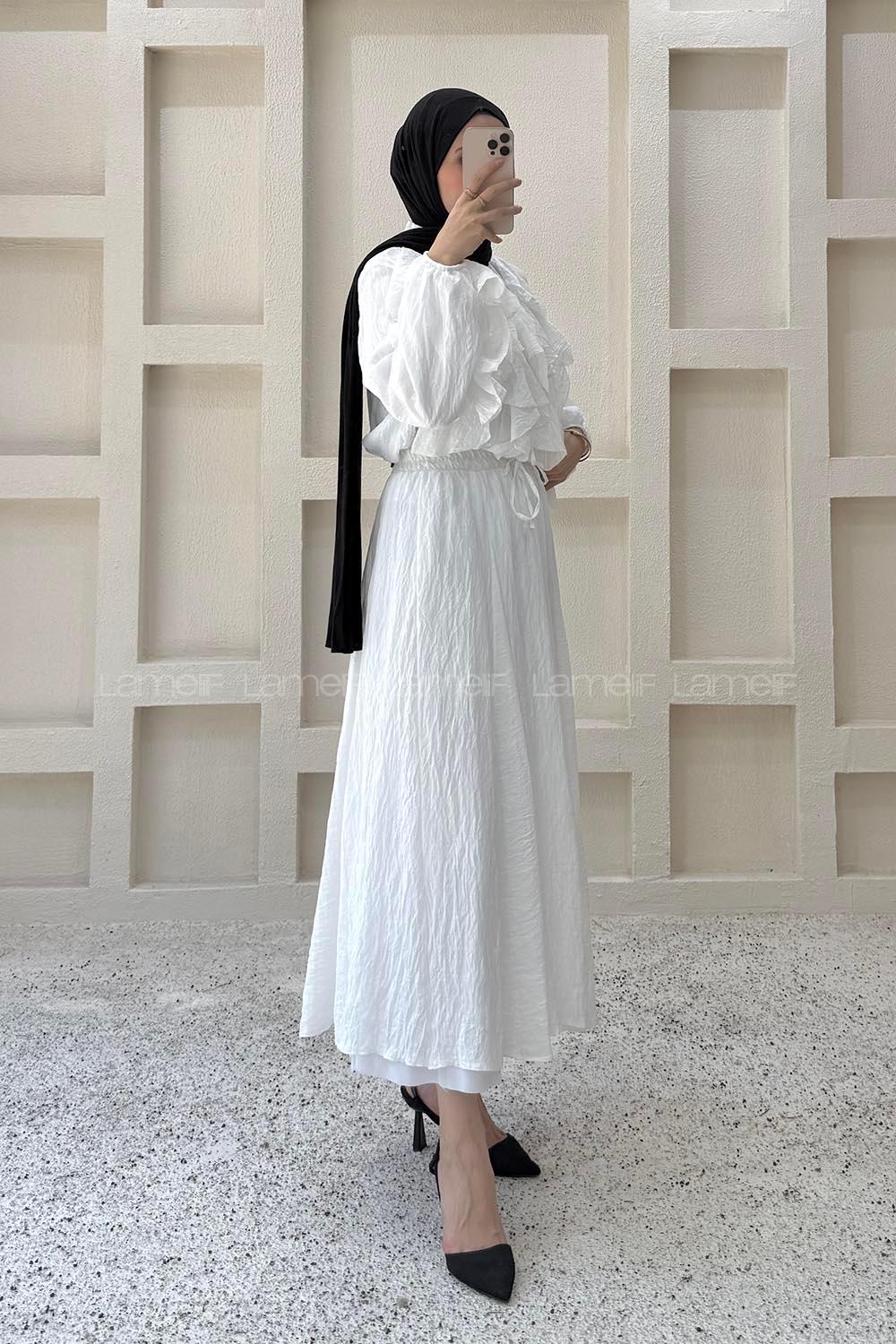 White Crew Neck Long Arm Ayrobin Skirt Suit