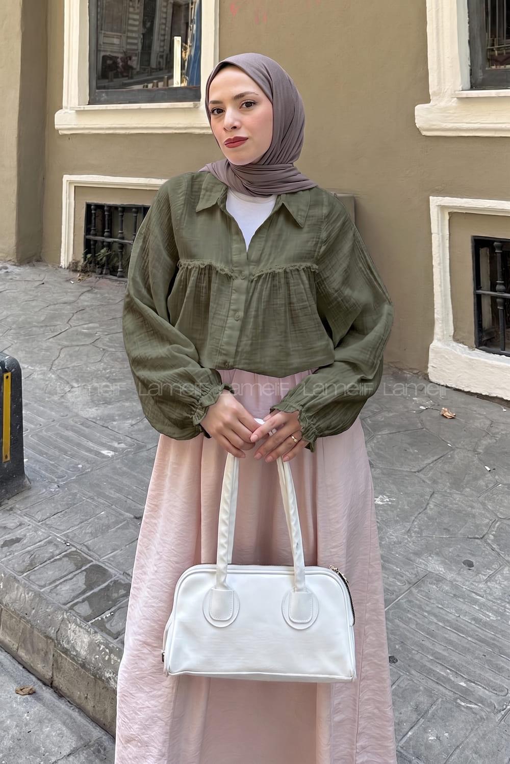Lamelif Dantel Detaylı Gömlek Haki