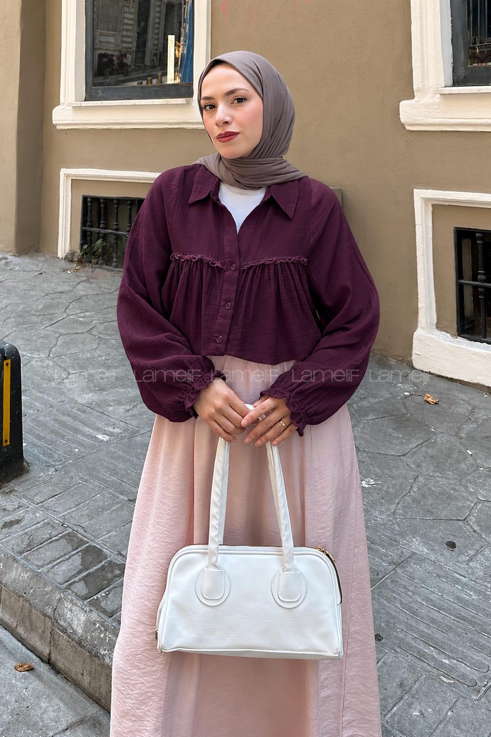 Lamelif Dantel Detaylı Gömlek Mürdüm