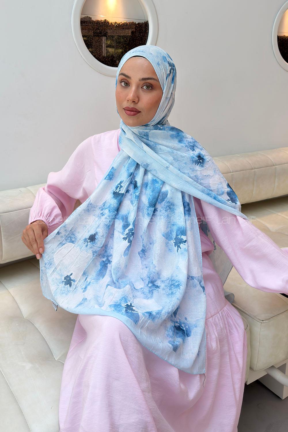 Lamelif Batik Çiçek Desen Bambu Şal Bebe Mavisi