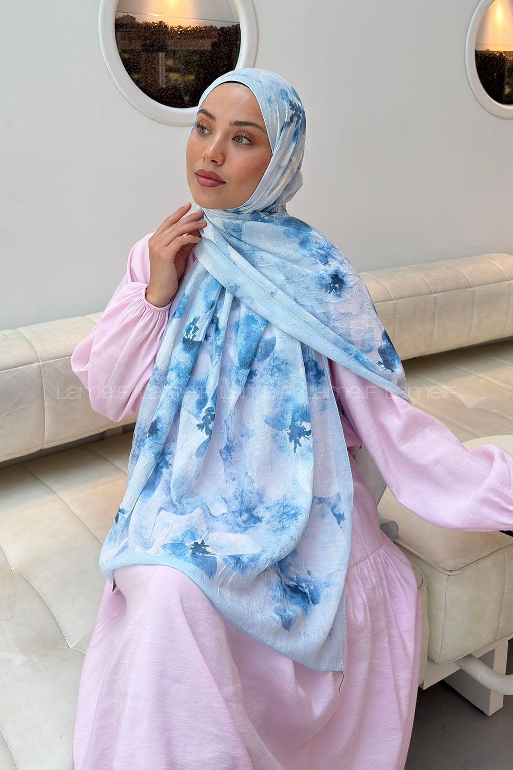 Lamelif Batik Çiçek Desen Bambu Şal Bebe Mavisi