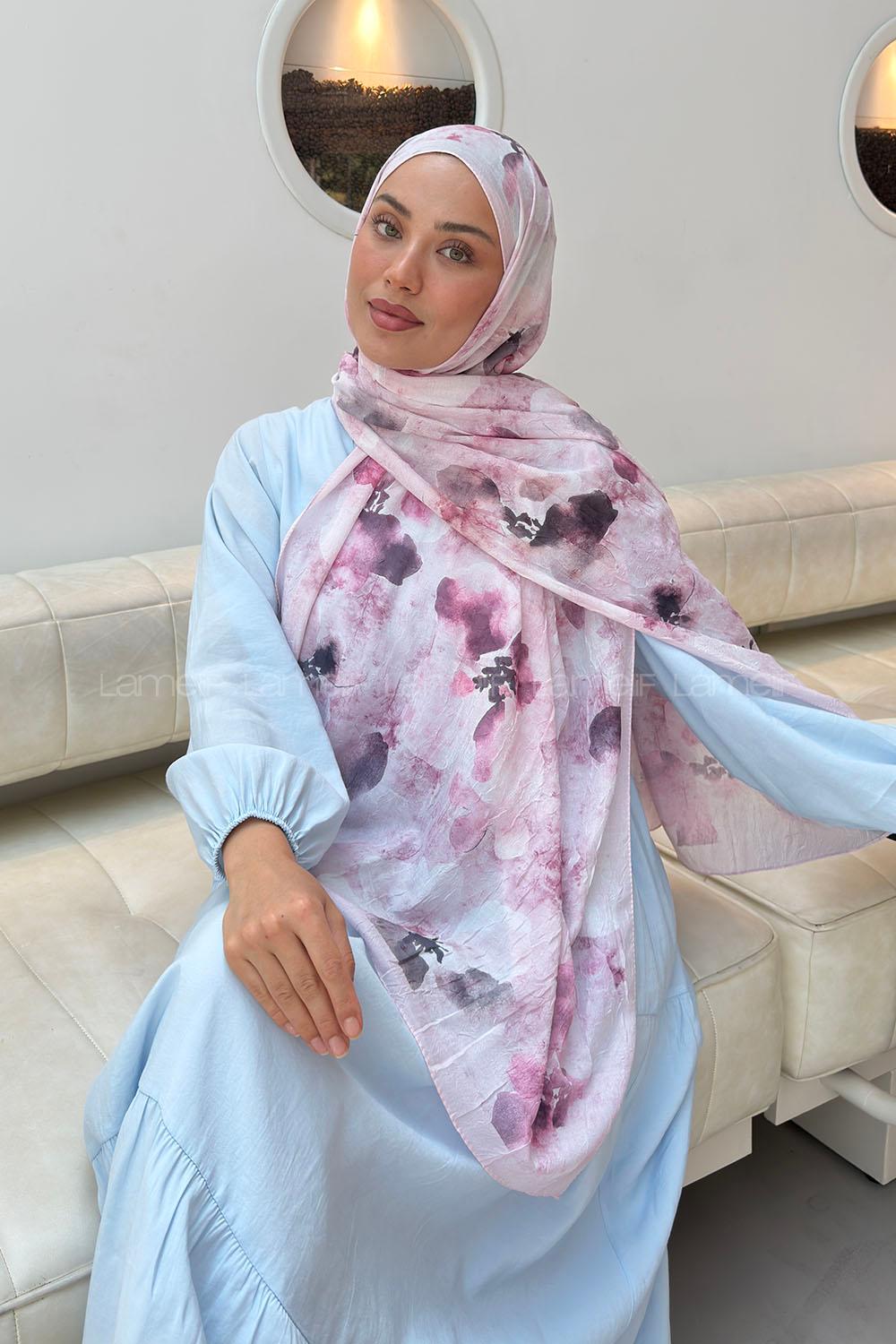 Lamelif Batik Çiçek Desen Bambu Şal Şeker Pembe