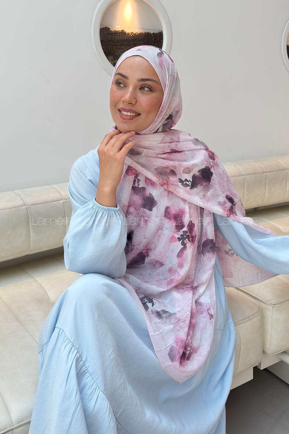 Lamelif Batik Çiçek Desen Bambu Şal Şeker Pembe
