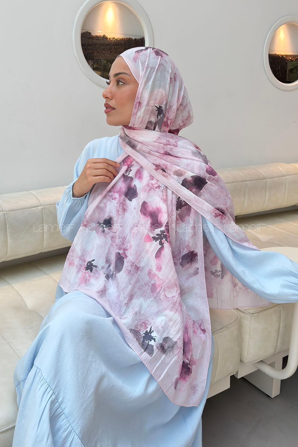 Lamelif Batik Çiçek Desen Bambu Şal Şeker Pembe