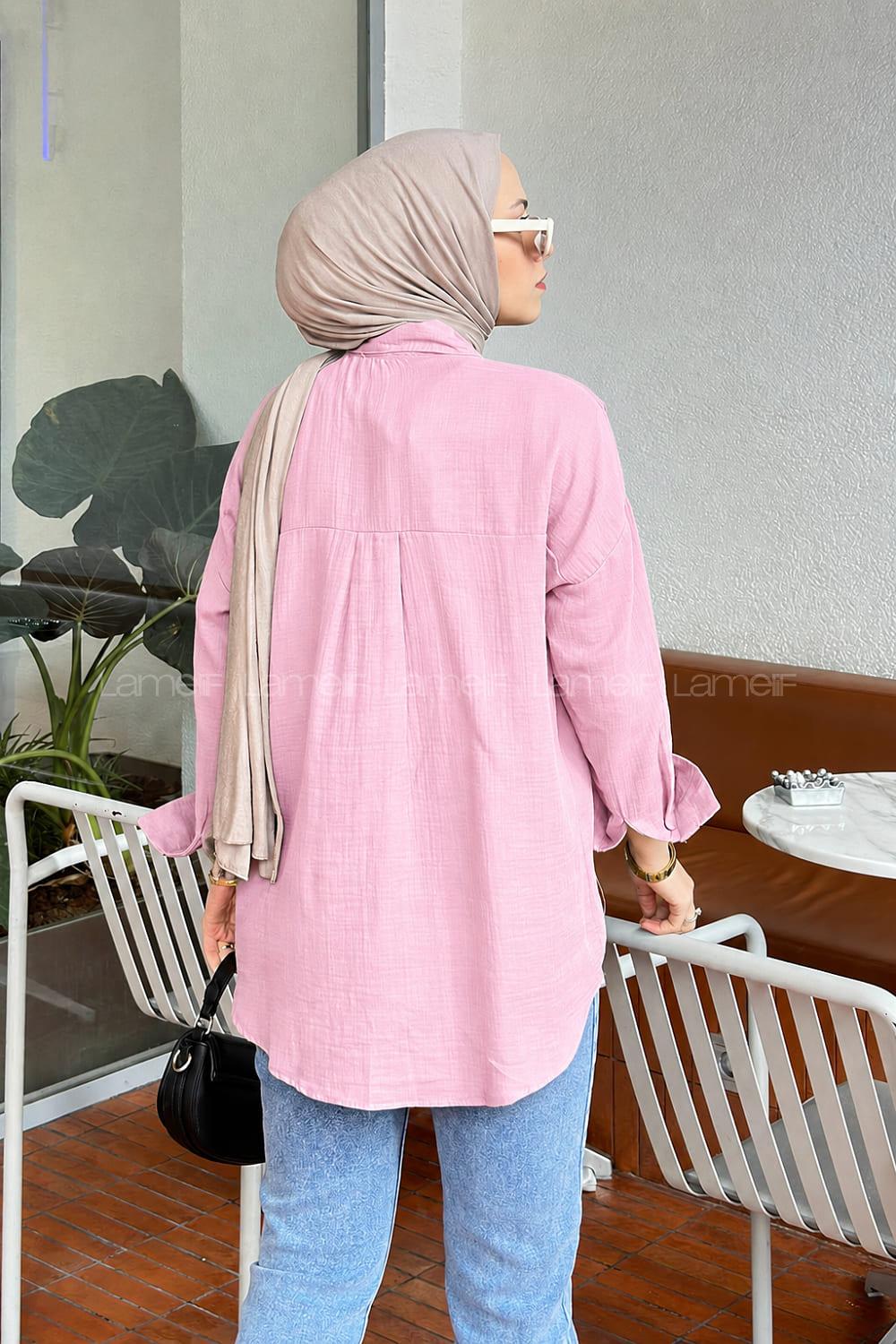 Lamelif Düz Keten Gömlek  Pembe