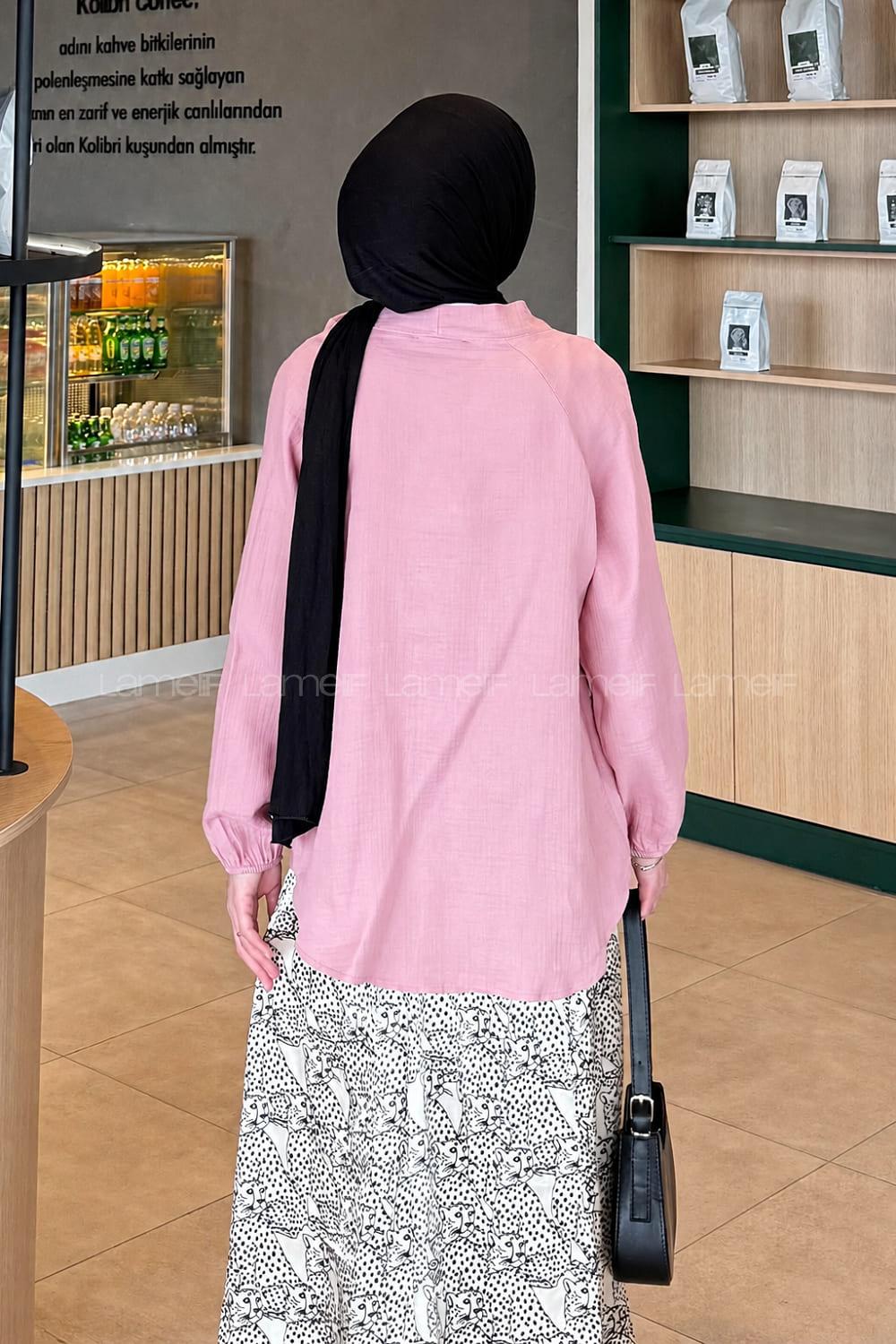 Lamelif Düz Keten Kimono Pembe