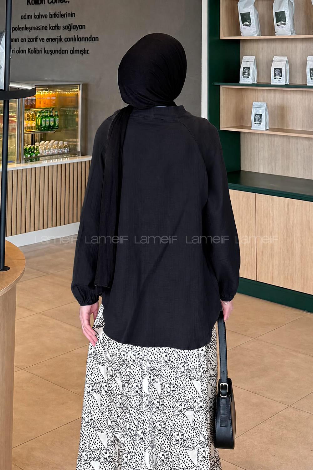 Lamelif Düz Keten Kimono Siyah