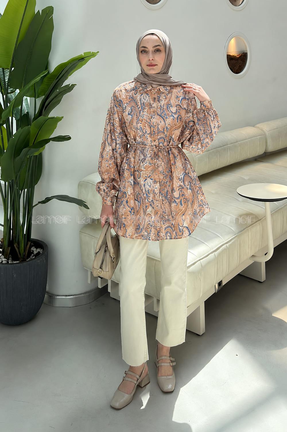 Orange Shirt Collar Long Arm Sandy Fabric Printed Shirt