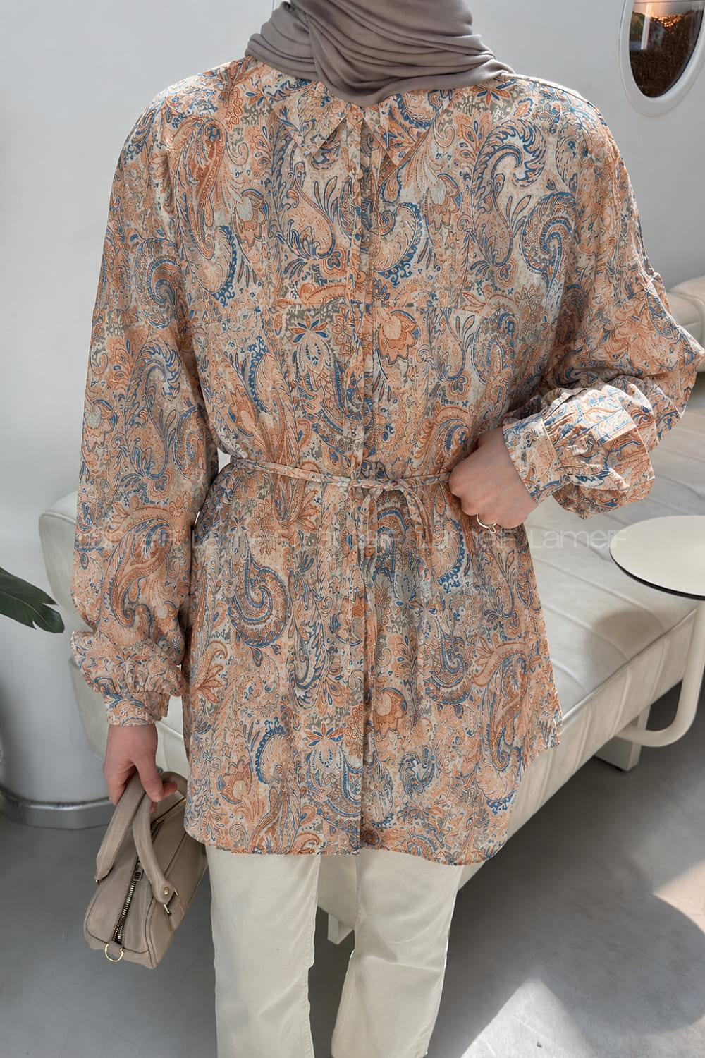 Orange Shirt Collar Long Arm Sandy Fabric Printed Shirt