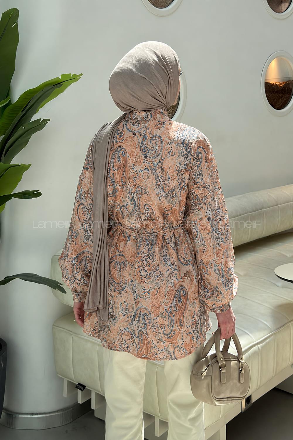 Orange Shirt Collar Long Arm Sandy Fabric Printed Shirt