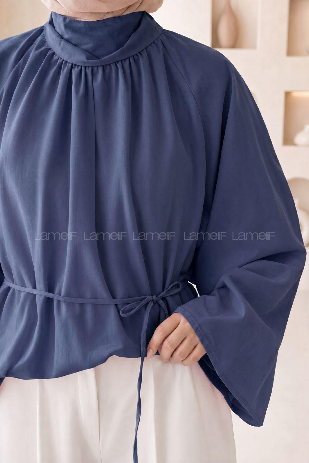 Lamelif Geniş Kol Dik Yaka Oversize Tunik Lacivert
