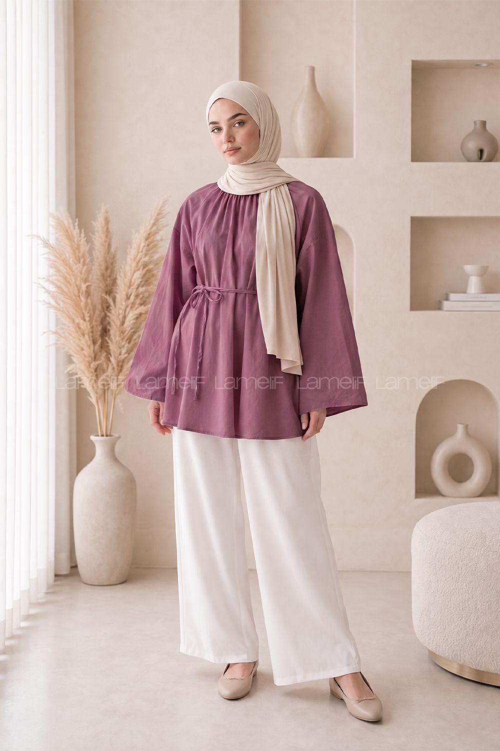 Lamelif Geniş Kol Dik Yaka Oversize Tunik Mürdüm