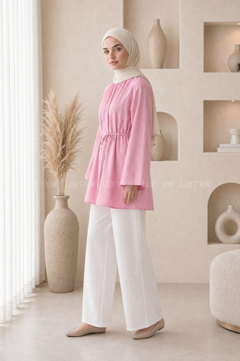 Lamelif Geniş Kol Dik Yaka Oversize Tunik Pembe