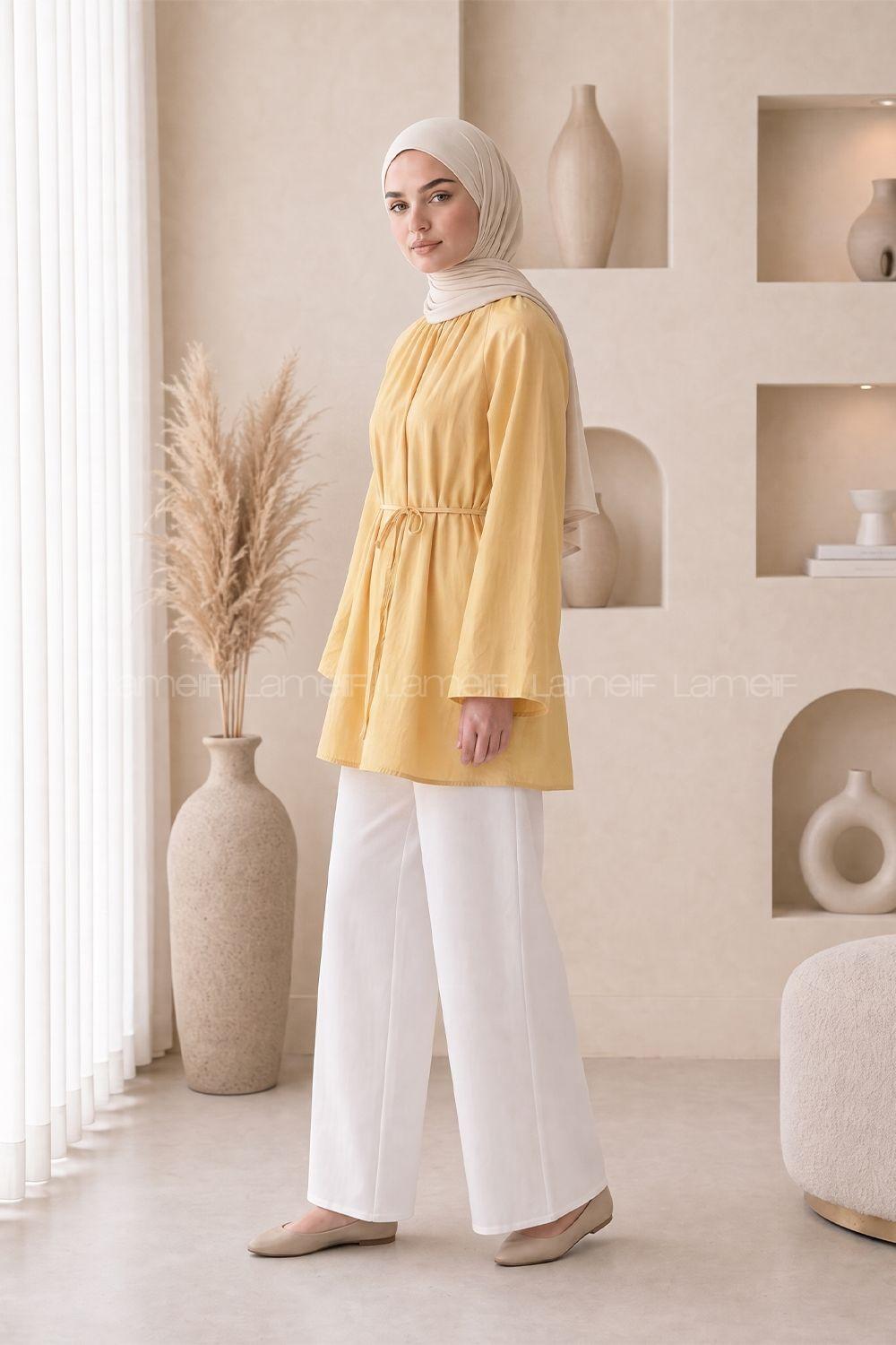 Lamelif Geniş Kol Dik Yaka Oversize Tunik Soft Sarı