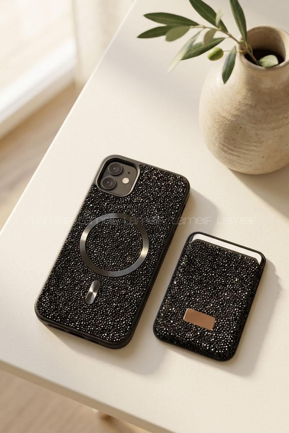 Lamelif iPhone 11 Swarovski Taşlı Mıknatıs Cüzdanlı Macsafe Kılıf