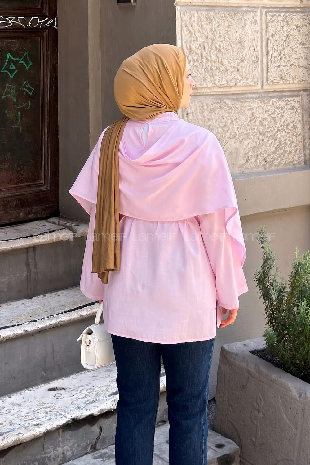 Lamelif Pelerin Detaylı Oversize Tunik Pembe