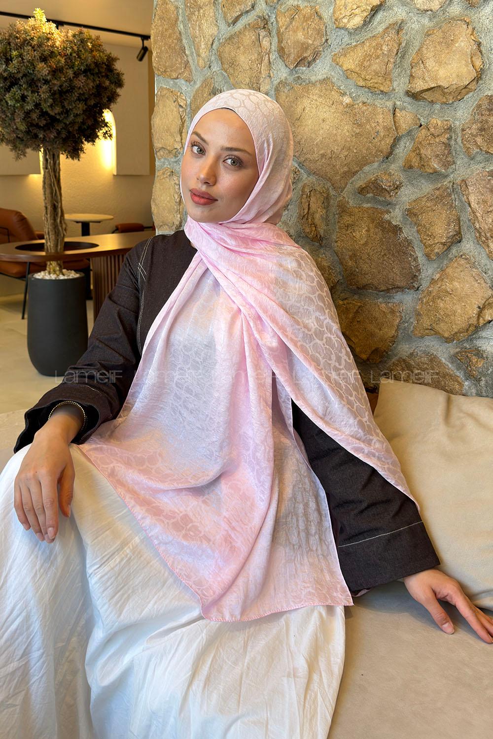 Lamelif  Bloom Desen Ayrobin Floş Jakar  Şal Şeker Pembe