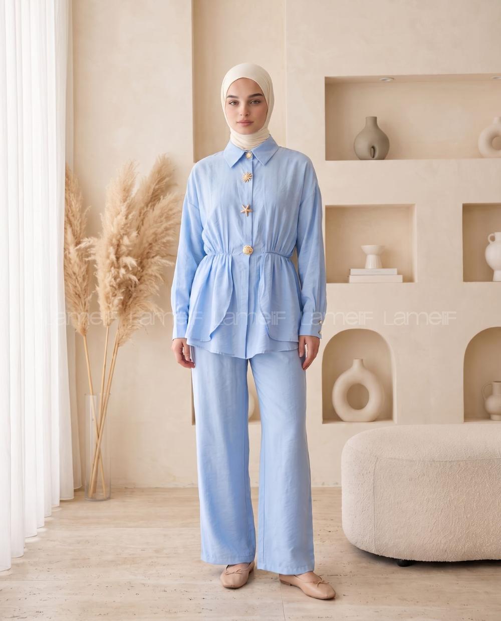 Blue Shirt Collar Long Arm Buckle Cotton Polyester Regular Trousers Suit