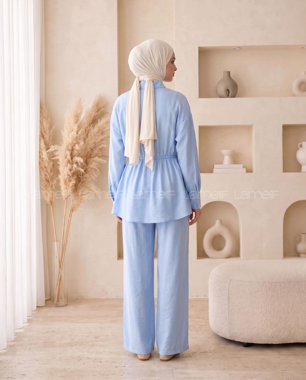 Blue Shirt Collar Long Arm Buckle Cotton Polyester Regular Trousers Suit