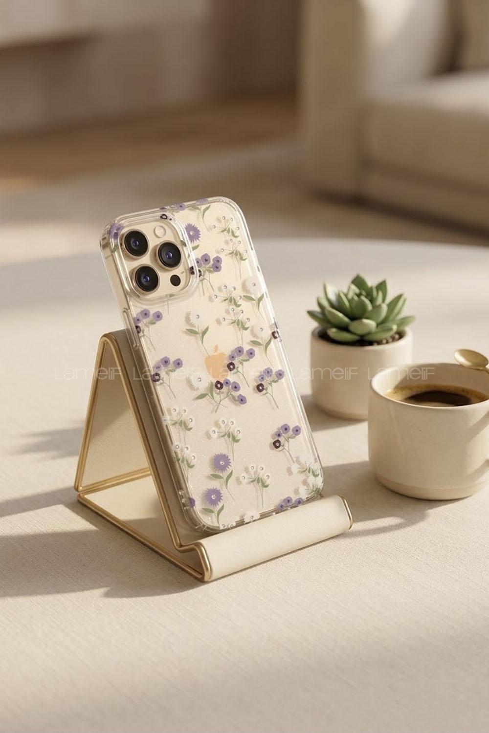 Lamelif iPhone 11 Mavi Çiçekli Taşlı Telefon Kılıfı