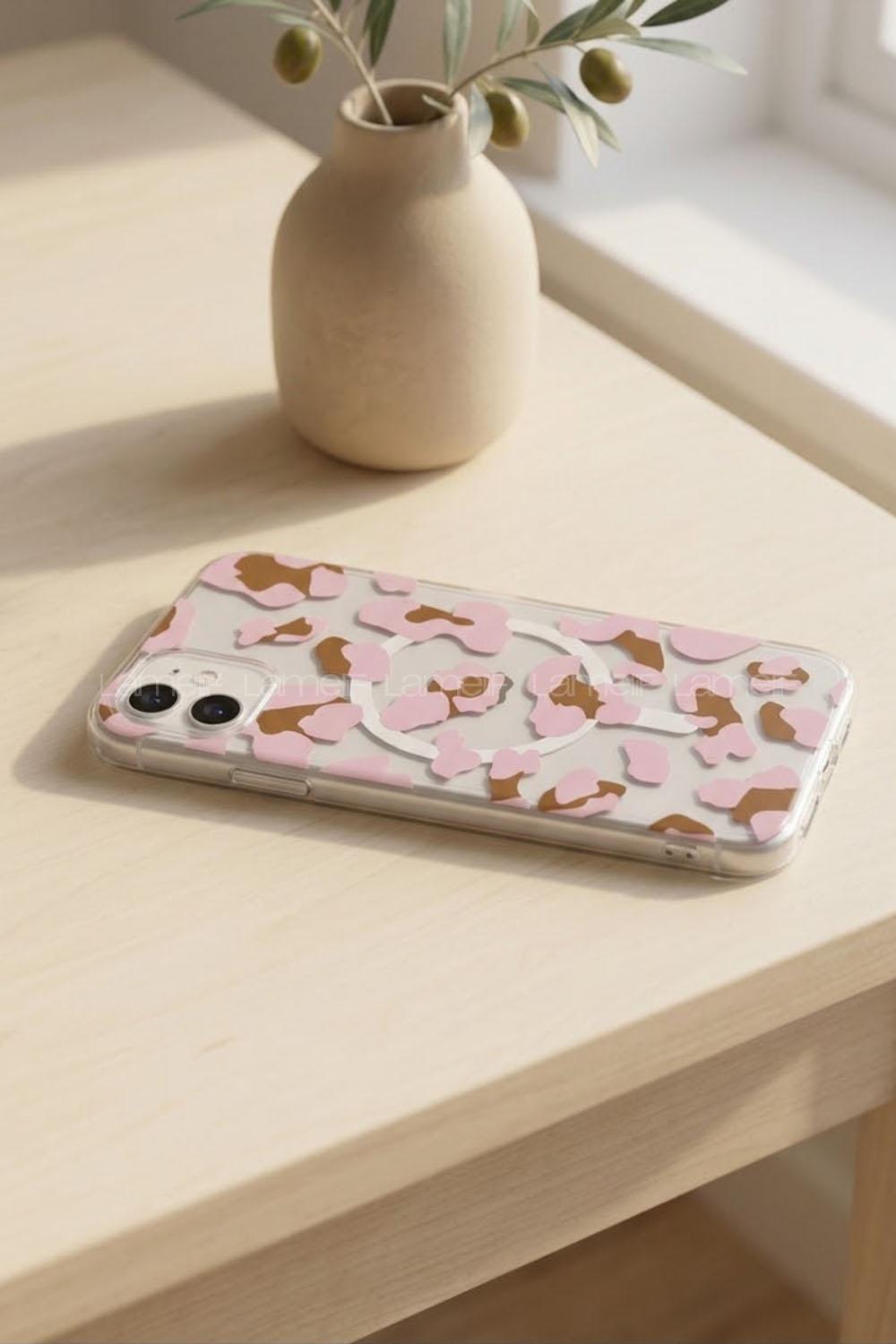 Lamelif iPhone 11 Pembe Leopar Desenli Güçlü Magsafeli Telefon Kılıfı
