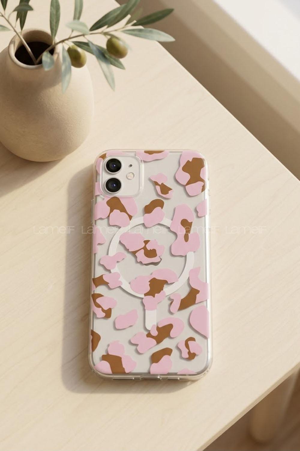 Lamelif iPhone 11 Pembe Leopar Desenli Güçlü Magsafeli Telefon Kılıfı