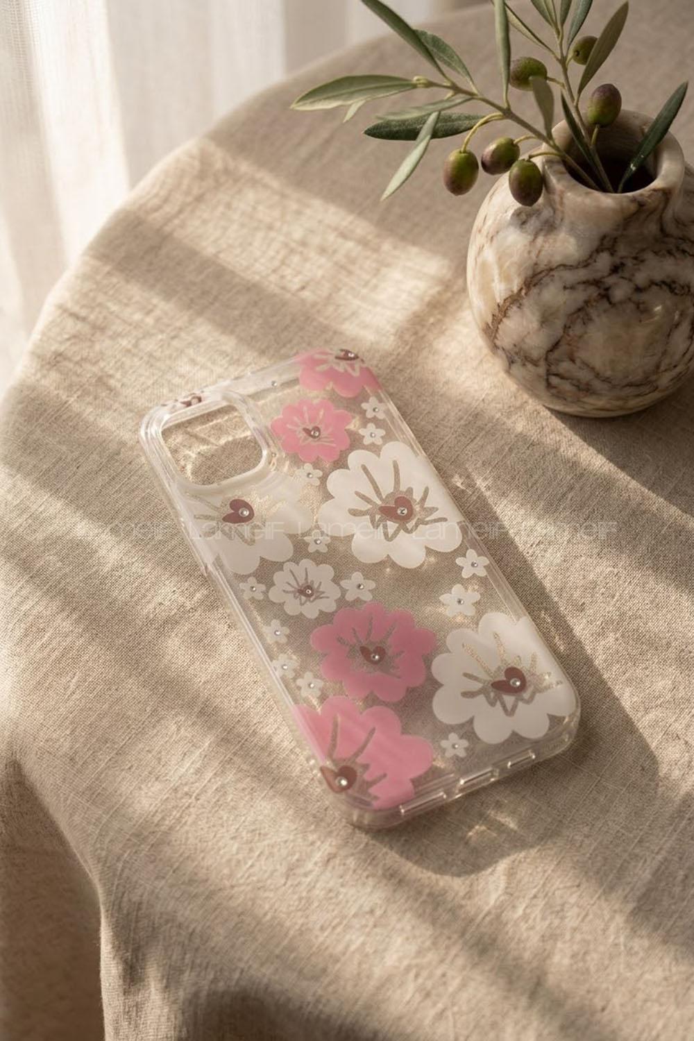 Lamelif iPhone 11 Pembe Çiçekli Taşlı Telefon Kılıfı