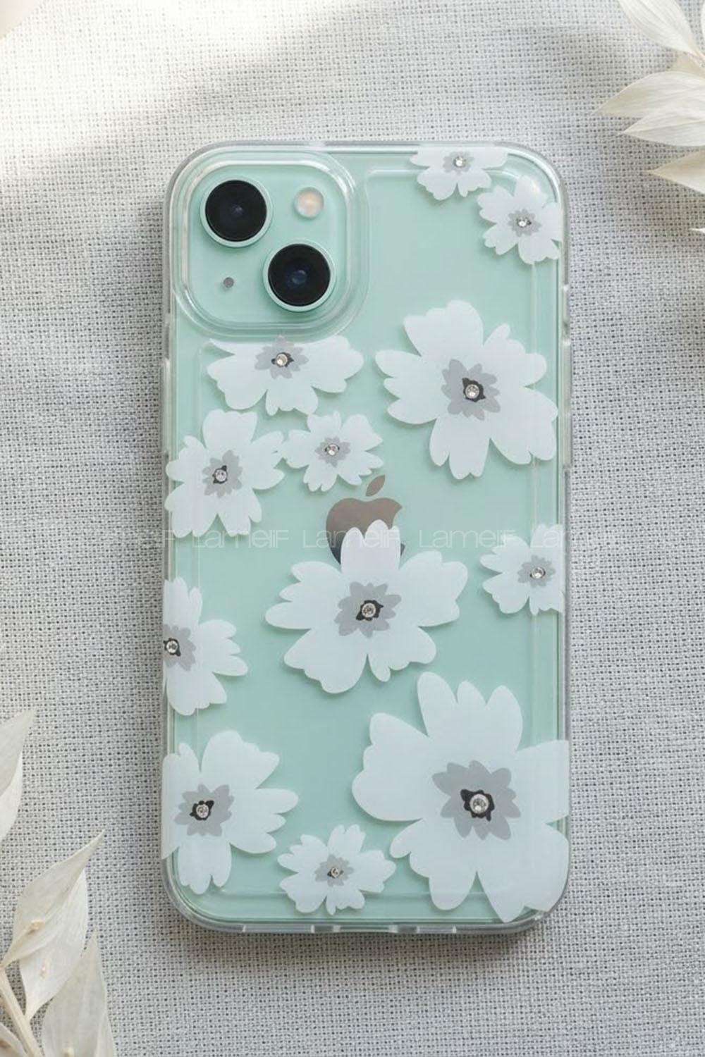 Lamelif iPhone 13/14 Beyaz Çiçekli Taşlı Telefon Kılıfı