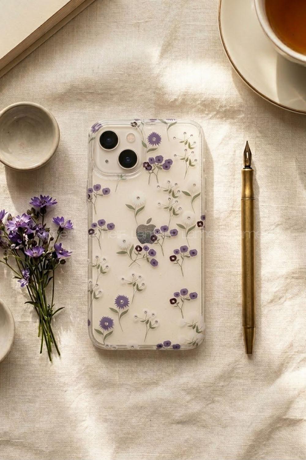 Lamelif iPhone 13/14 Mavi Çiçekli Taşlı Telefon Kılıfı