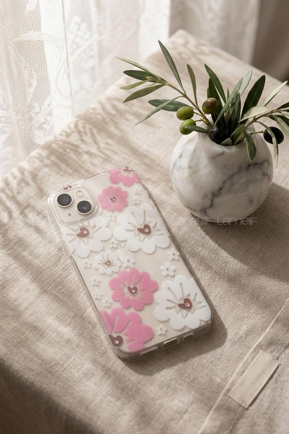Lamelif iPhone 13/14 Pembe Çiçekli Taşlı Telefon Kılıfı