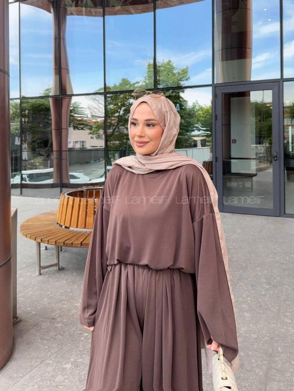 Lamelif Pile Detaylı Oysho Salaş Takım Kahverengi