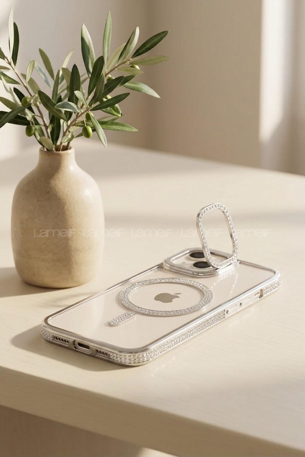Lamelif iPhone 13/14 Standlı Simli Premium Telefon Kılıfı