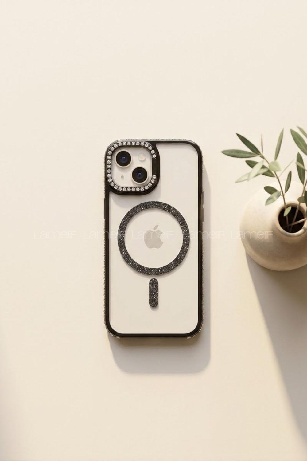 Lamelif iPhone 15 Standlı Simli Premium Telefon Kılıfı